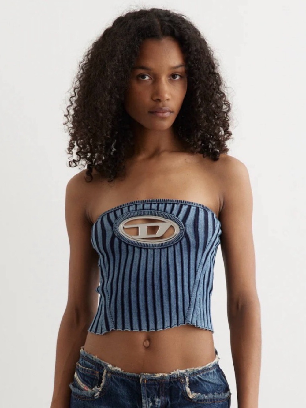 Diesel Blue Striped Strapless Ribbed Cutout Camisole